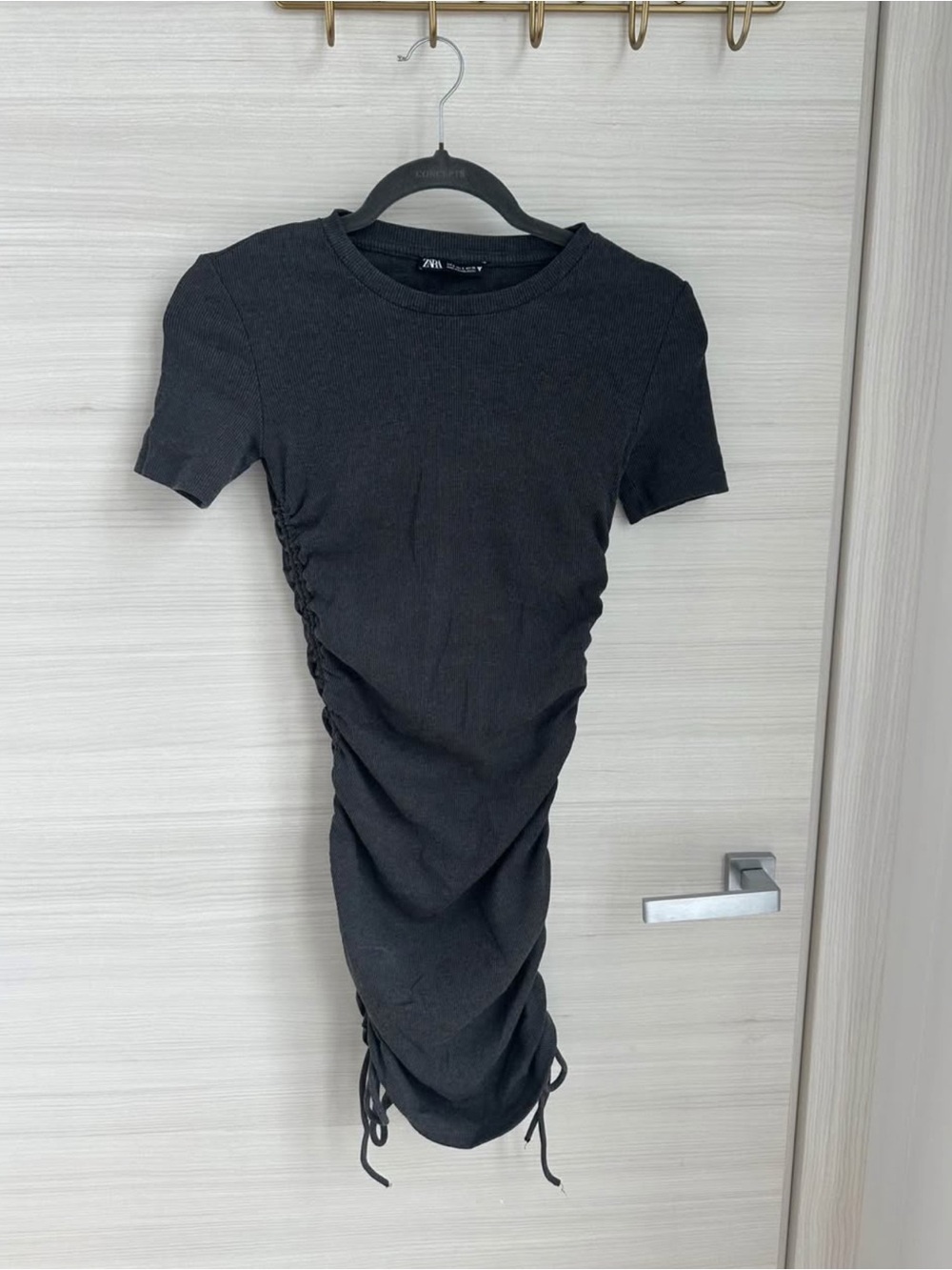 Zara Black Ruched Side-Tie Short Sleeve Midi Dress